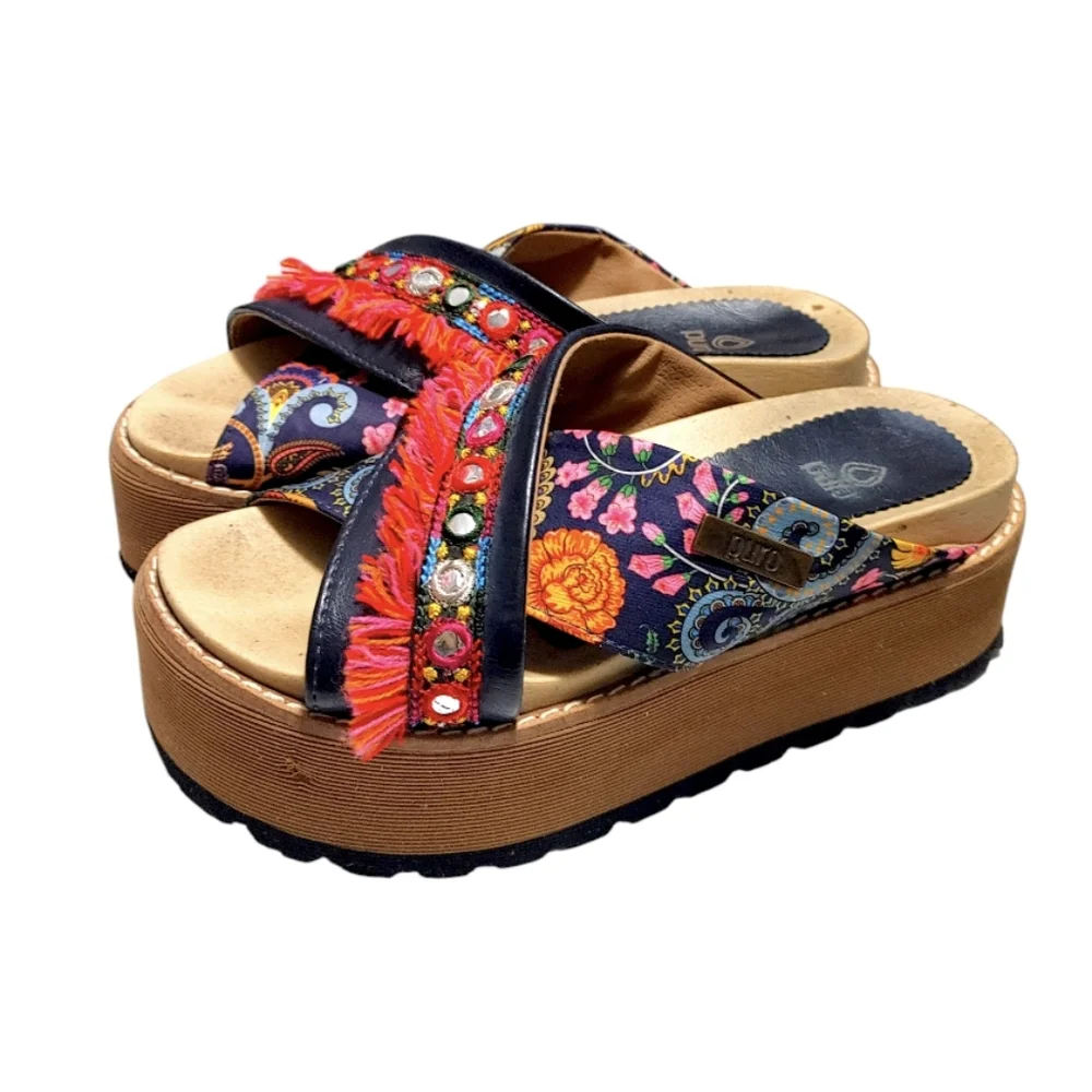 Puro Colorful Leather Fringe Boho Platform Slip On Slide Sandals Womens Size 7
